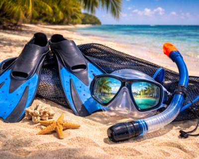 Tropical-snorkel-set-on-golden-beach